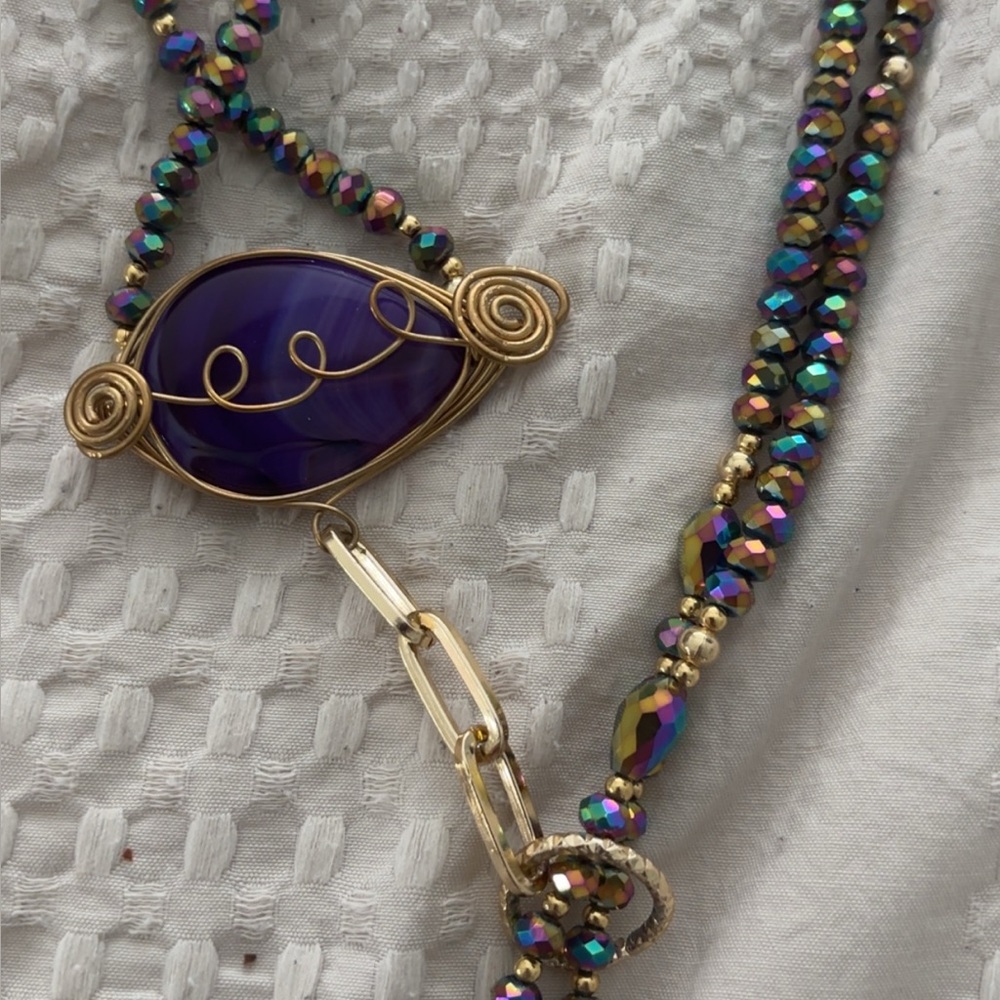 Purple & Gold Accents Wire-Wrapped Tassel Necklace, Earrings Handmade, Long